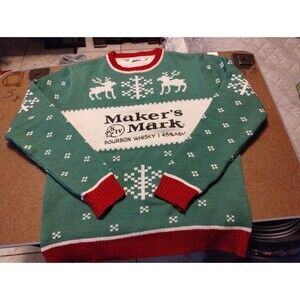 Makers Mark Bourbon Whisky Ugly Christmas Sweater Reindeer Knit XL RARE GREEN